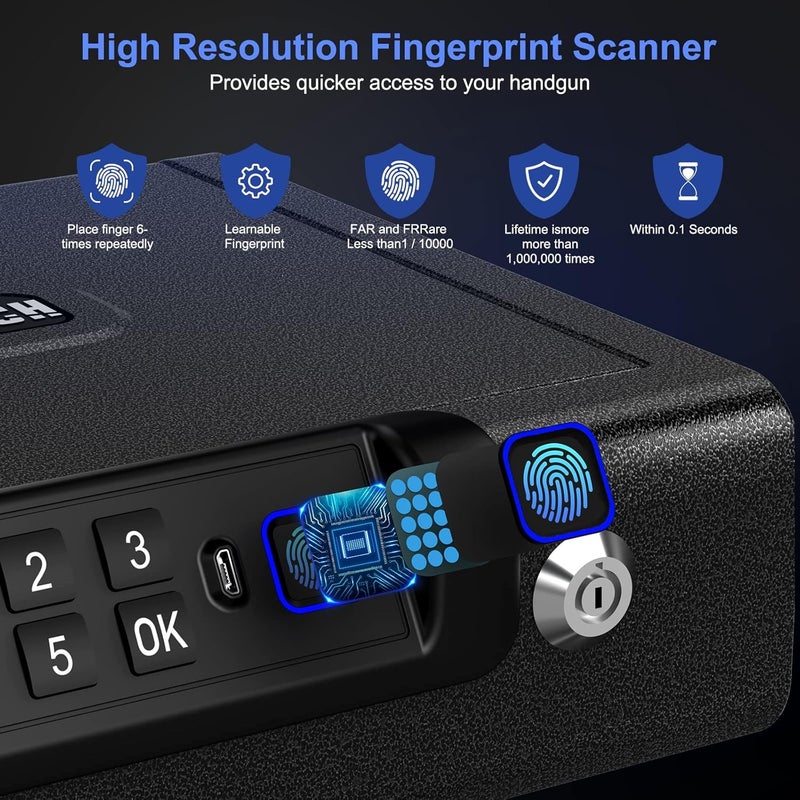 BILLCONCH Biometric Gun Safe for Pistols 3-Ways unlock Fingerprint Digital PIN Key Unlock Handgun Safe with Sound, Lock box for Cloakroom living room Bedroom Nightstand and Car - Image 3